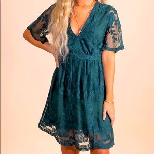 Light My Fire Dark Teal Lace Mini Dress